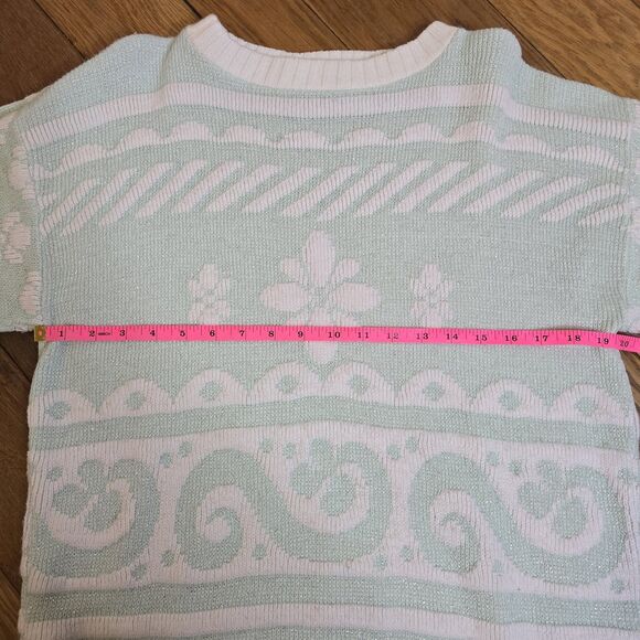Vintage Beaucoup USA Made Mint Green White Metallic Floral Knit Pullover Sweater - Picture 8 of 12